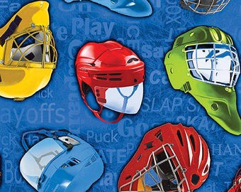 Hockey Helmets on Dark Royal Blue 100% Cotton Fabric -Benartex Fabrics BF-Hat Trick 12776-56 Dark Royal - Hockey Helmets