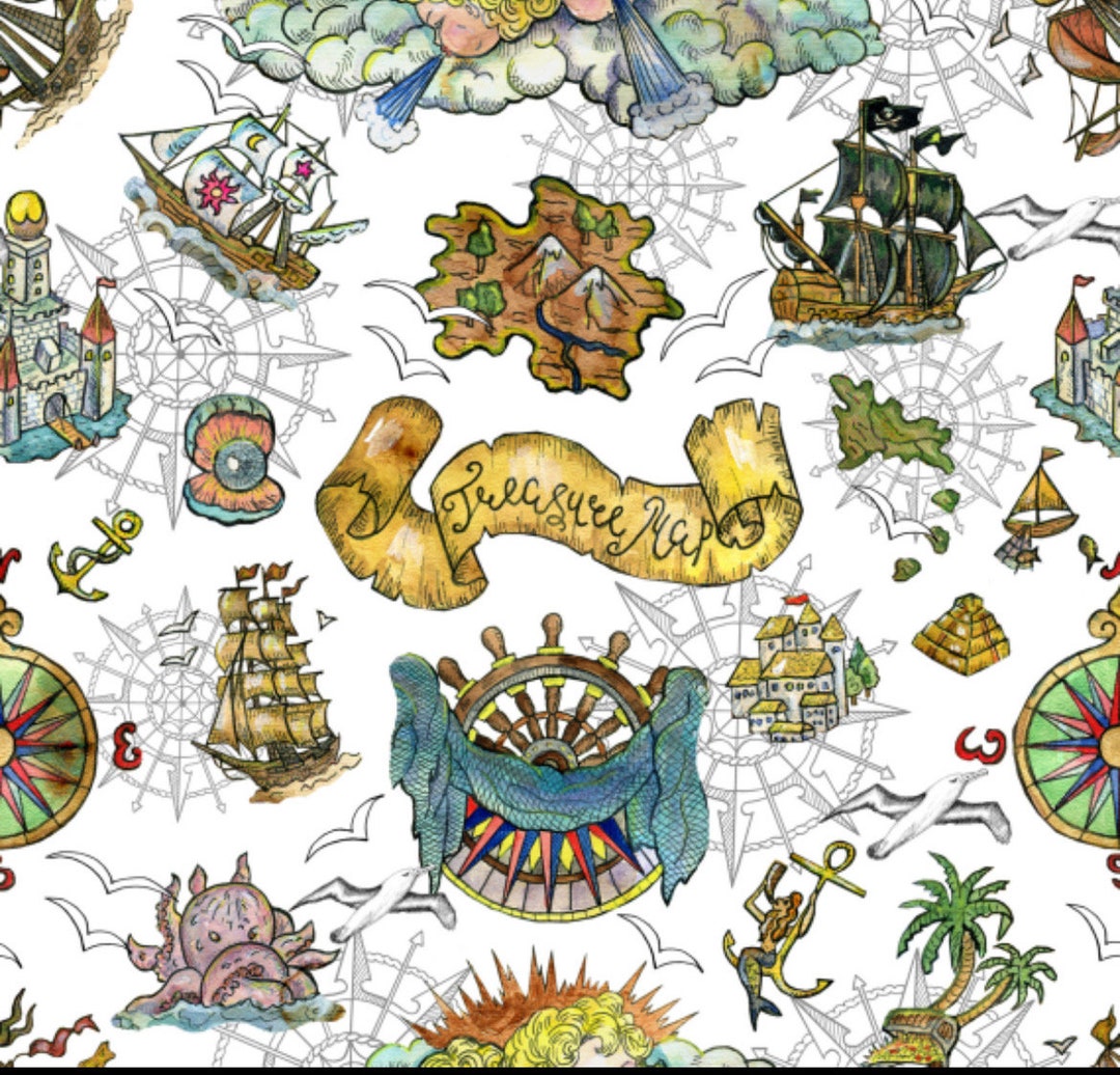 Pirate Treasure Map Cotton Fabric 100% Cotton - Fabric - Continuous ...