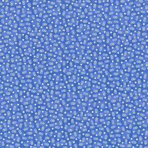 May include: A seamless pattern of small white flowers with yellow centers on a blue background.