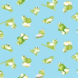 May include: A seamless pattern featuring green frogs on a light blue background. The frogs are in various poses, some are sitting, some are jumping, and some are swimming. There are also white flowers with yellow centers scattered throughout the pattern.