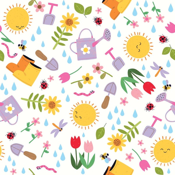 Let It Grow Garden Novelty Cotton Fabric - By the 1/2 Yard- 100% Cotton - continuous cuts - Garden Helpers 7527 124