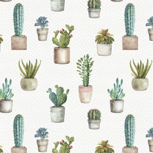 May include: A seamless pattern featuring various potted succulents and cacti in a watercolor style. The plants are arranged in a repeating pattern on a white background.
