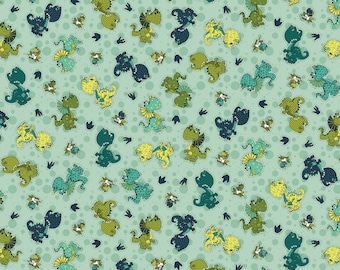 Born to Roar Teal Dino’s Dinosaur Cotton Fabric- by the 1/2 yard. Cute- roar- continuous cuts Henry Glass