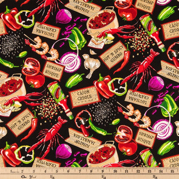 Black Salsa Picante Cotton Calico Fabric- Fat Quarters 1/4 yard,  1/2 yards - continuous cuts - 100% Cotton