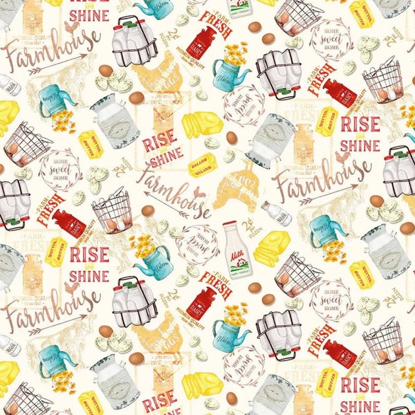 Farm House rise and shine Cotton Fabric- by the 1/4, 1/2 yard- continuous cuts- fat quarters.