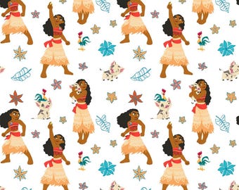 Disney Princess Moana Tropical Islands  White cotton fabric  100% Cotton -continuous cuts- Licensed Fabric