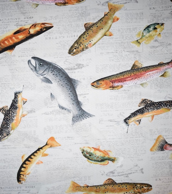 Fish on Print Cotton Fabric by the Yard, Quarter Cuts, Continuous