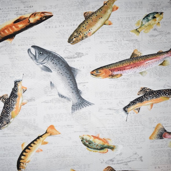 Fish on print cotton fabric- by the yard, quarter cuts, continuous cuts- fast shipping!