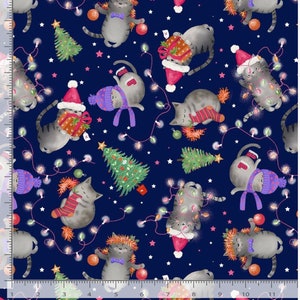 Christmas Holiday Cats on Navy- Cotton Fabric - Fat Quarters,- 100% Cotton-by the 1/2 yard - Timeless Treasures