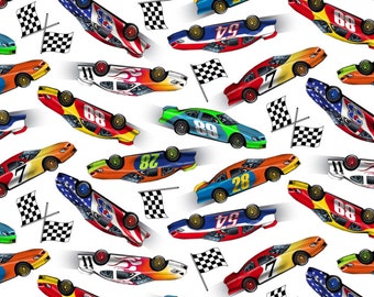 Race Cars Cotton fabric - 100% cotton- material- by the 1/2 yard- continuous cuts- fat quarters