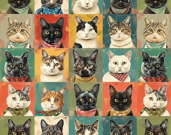 Grid Cats Cotton Fabric - 100% Cotton- Continuous Cuts - DX-7066-5C-1 Multi - Grid Cats 2