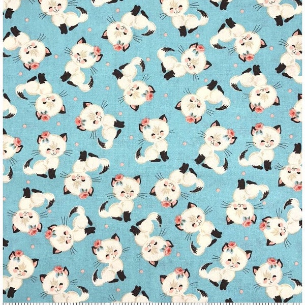 Kitten fabric- Siamese - Aqua- Fat Quarter - 100% Cotton - Fabric Remnant