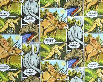 Dinosaur Comic Novelty Cotton Fabric -  Collage 100% Cotton - Continuous cuts - by the 1/2 yard