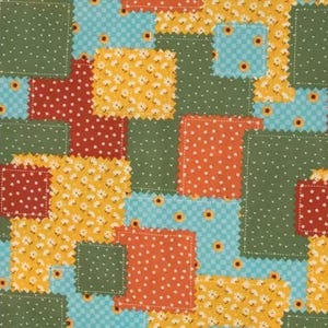 May include: A patchwork fabric design featuring squares in various colors and patterns. The design includes squares of green, orange with white polka dots, yellow with white floral patterns, and blue with yellow sunflowers. The fabric is ideal for quilting and crafting.