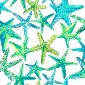 May include: Seamless pattern featuring a repeating design of green and blue starfish. The starfish are drawn in a watercolor style and have a textured appearance.