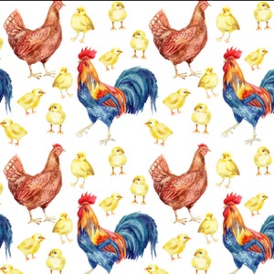 May include: A seamless pattern featuring watercolor illustrations of roosters, hens, and chicks. The roosters are red, yellow, and blue, while the hens and chicks are brown and yellow. The background is white.