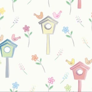 May include: A repeating pattern on a white background featuring pastel-colored birdhouses in blue, yellow, and pink. Small birds in various soft hues are perched on the roofs, interspersed with simple line-drawn flowers in pink, blue, and yellow.