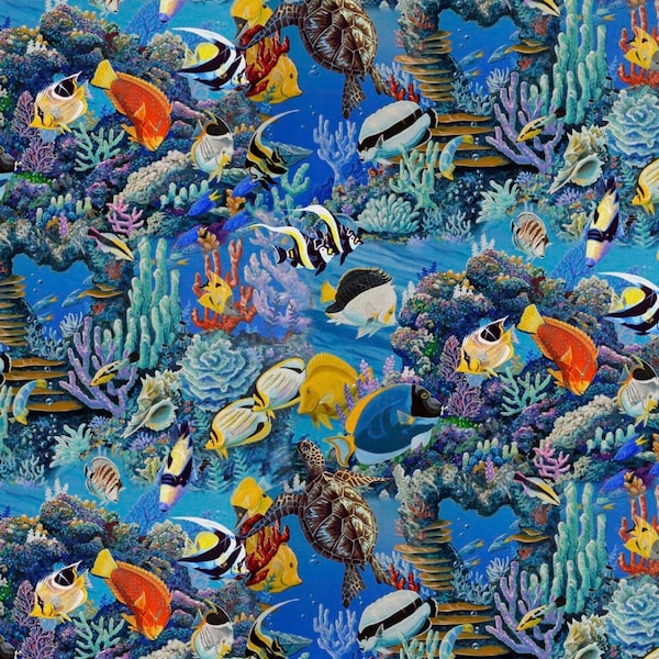 Tropical Fish Cotton Fabric- continuous cuts- cotton fabric- by the 1/2 yard, quarter cuts, continuous cuts- Coral Reef- David Textiles