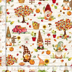 May include: A white background with a repeating pattern of gnomes, pumpkins, apples, sunflowers, and fall leaves. The gnomes are wearing red, brown, and green hats and have white beards. The pumpkins are orange and the apples are red. The sunflowers are yellow and the leaves are orange, red, and yellow. The text "Apple Orchard" and "Cider Apples Hay Rides" is visible in the image.