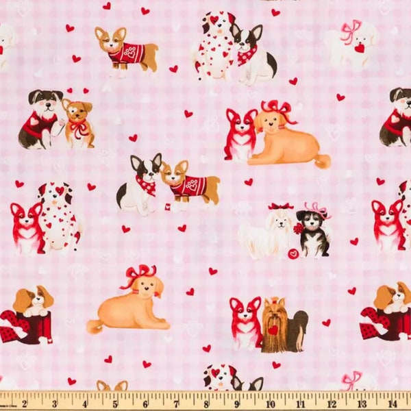 Valentine's Day Dogs Cotton Fabric - 100% Cotton- Continuous Cuts - by the 1/4 or 1/2 yard - Fat Quarters