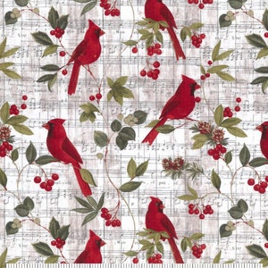 Cardinals on Music Christmas Cotton Fabric -  Fat Quarters - By the 1/4 or 1/2 Yard- 100% Cotton - Fabric- continuous cuts