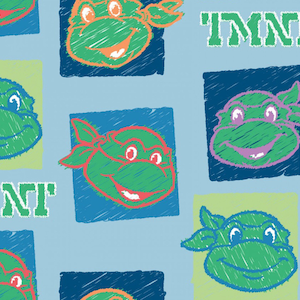 May include: A blue background with a repeating pattern of green, red, and purple cartoon turtle heads in squares. The text "TMNT" is in green letters on the top of the image and the text "NTI" is in green letters on the bottom of the image.