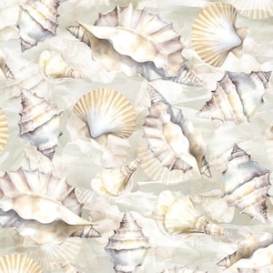 May include: Watercolor illustration of various seashells in shades of white, cream, and tan, scattered across a pale green background. The shells have detailed textures and shapes, creating a seamless pattern. The image evokes a coastal or nautical theme.