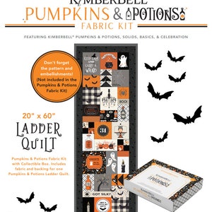 May include: A Kimberbell Pumpkins & Potions fabric kit with a collectible box. The kit includes fabric and backing for a 20" x 60" ladder quilt. The design features Halloween-themed squares with bats, ghosts, and potion bottles.