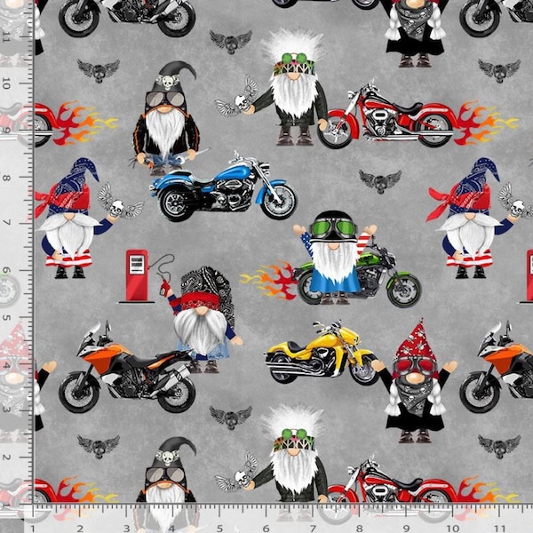 Biker Gnomes Cotton Fabric -fabric by the 1/4 or 1/2 yard & fat Quarters - 100% Cotton - Timeless Treasures TT-Gail CD2511