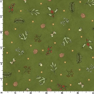 May include: A green fabric with a repeating pattern of small, stylized illustrations of holly, acorns, berries, and stars. The background is a dark green color.