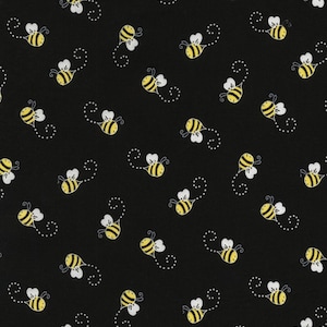 May include: A black background with a repeating pattern of yellow and white bees flying in a dotted line pattern.