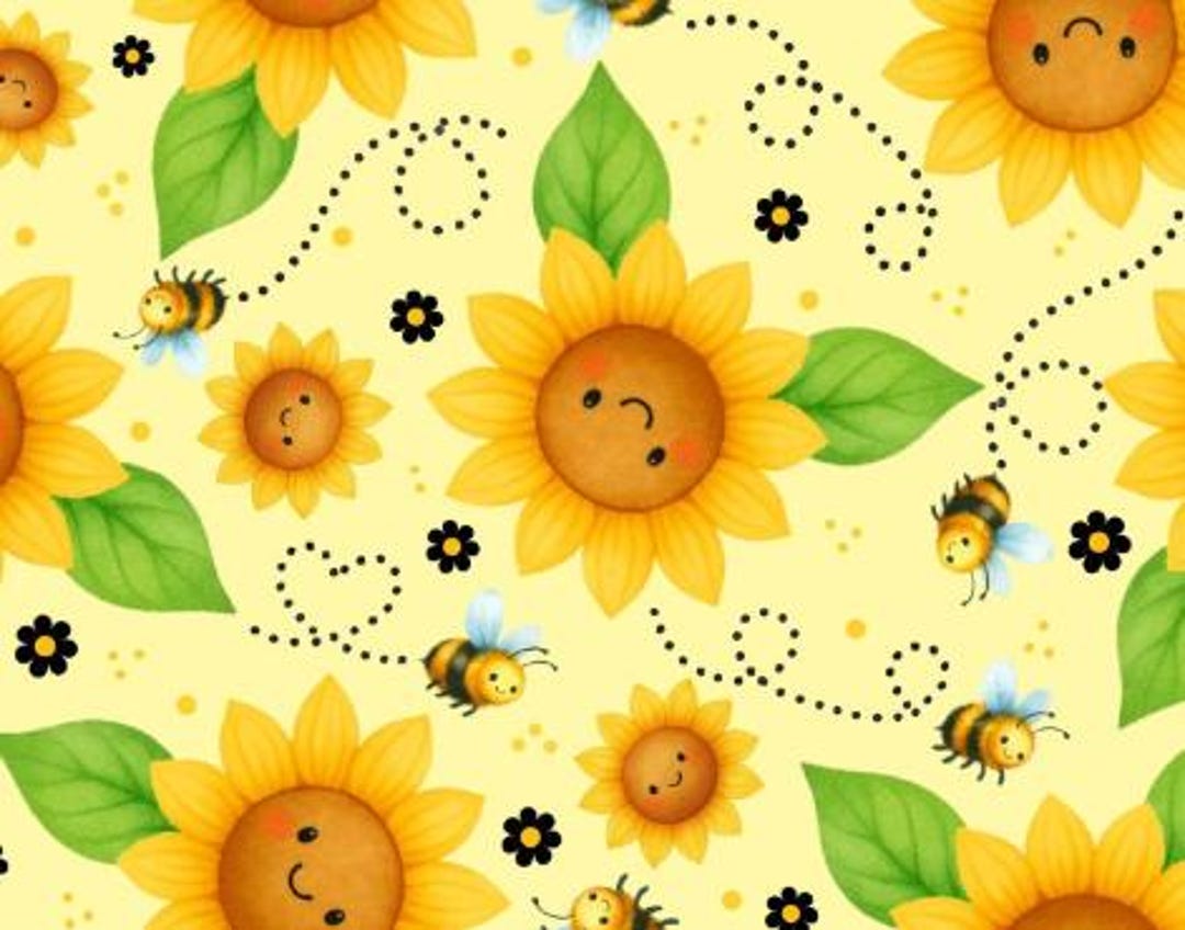 Sunflowers & Bees on Yellow Cotton Fabric Continuous Cuts- 100% Cotton ...