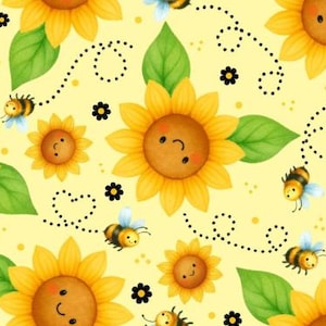 Sunflowers & Bees on Yellow Cotton fabric Continuous cuts- 100% Cotton Drewie Pie Fabrics