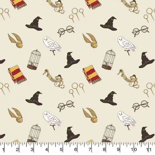 Camelot Harry Potter Icons on Cream Cotton fabric- 1/4 yard, 1/2 yard- Fat Quarter - 100% Cotton -