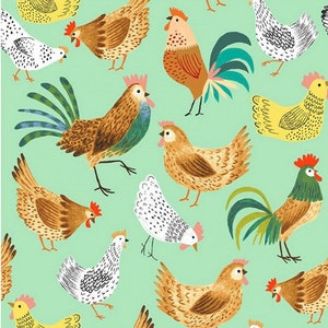 Patterned Chicken Fabric- Light Green - 100% Cotton - By the Yard - Fat Quarters -