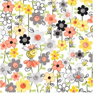 May include: A white background with a repeating pattern of yellow, orange, and gray flowers with black centers.  Bees are flying around the flowers.