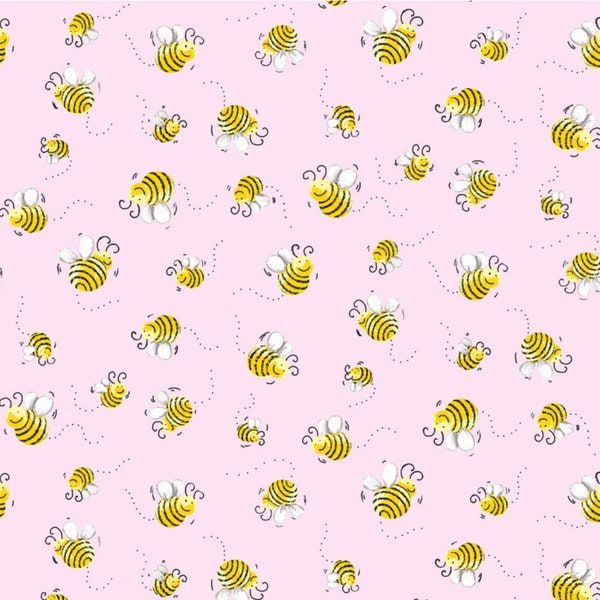 SusyBee Sweet Bees light Pink cotton fabric- Fat Quarters, by the 1/4 or 1/2 yard, continuous cuts- 100% Cotton