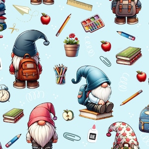 May include: A seamless pattern featuring gnomes with backpacks, books, pencils, apples, and other school supplies on a light blue background. The gnomes are wearing different colored hats and have white beards. The pattern is perfect for use in a variety of creative projects.