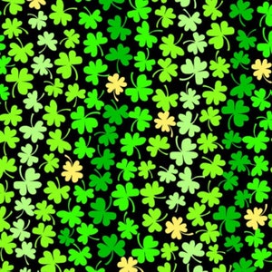 May include: A seamless pattern featuring a dense arrangement of green and yellow shamrocks on a black background. The shamrocks vary in size and shade, creating a textured and lively design, perfect for St. Patrick's Day or Irish-themed crafts.