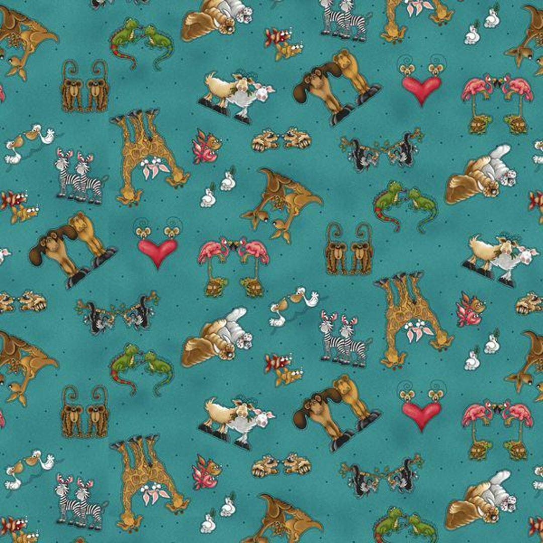 Henry Glass Fabric - Two by Two 1757-77 Teal - Tossed Characters 100% ...