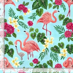 Tropical Flamingo Cotton Fabric-  Fat Quarter - 100% Cotton - TT-Rosie CD2118 Aqua - Flamingos & Tropical Florals Timeless Treasures