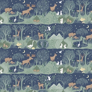 May include: A repeating pattern of woodland animals and plants on a dark blue background. The pattern includes deer, moose, birds, rabbits, and trees. The design is whimsical and charming, perfect for fabric or wallpaper.
