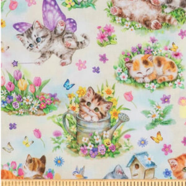 Kittens and Butterflies Calico Cotton fabric- by the 1/2 yard- Fat Quarters - 100% Cotton - Fabric - Continuous cuts