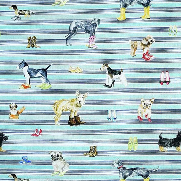 Dogs in Boots on Striped Fabric -Fat Quarters-by the 1/4 or 1/2 yard-continuous cuts- 100% Cotton - Dogs on Stripes Teal Novelty Fabric