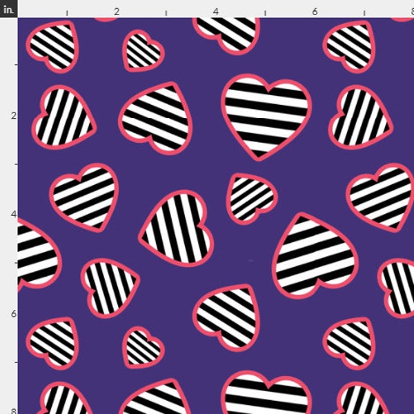 Black & White Stripped Hearts on Purple Cotton Fabric - Fat Quarters - 100% Cotton - by the 1/4, 1/2 yards - continuous cuts.