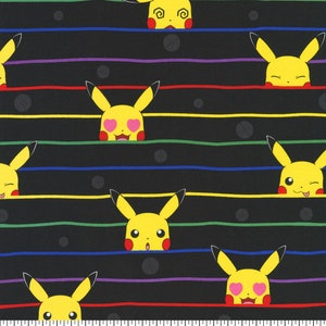 May include: Black fabric with colorful stripes and a repeating pattern of yellow Pikachu faces with different expressions. The Pikachu faces are peeking out from behind the stripes.
