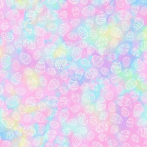 May include: A seamless pattern of white outlined Easter eggs on a pink, blue, and yellow watercolor background.