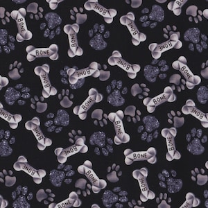 Tossed Paws & Bones on Charcoal Cotton fabric - Fat Quarters - By the 1/2 Yard- 100% Cotton - Continuous Cuts - Fabric Traditions