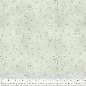 May include: A seamless pattern featuring a light green background with a repeating design of gray snowflakes and gray swirls.