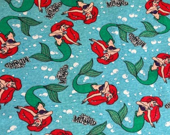 Vintage Ariel The Little Mermaid Fabric- Jersey Knit material - continuous cuts - Glitter Accent Licensed Fabric